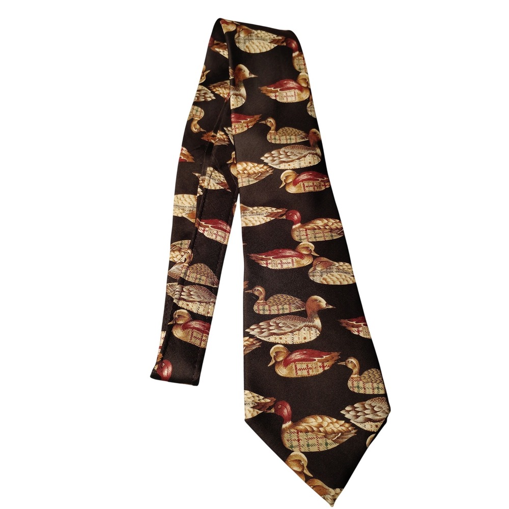 Roundtree & Yorke Mens Silk Tie Brown Mallard Duck Waterfowl Hunting Italy USA
